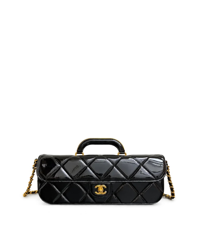 Glossy Black Quilted Handle Clutch — main view