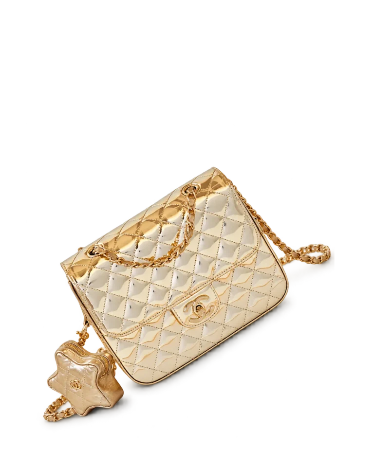 Metallic Gold Quilted Star-Charm Flap Bag — main view