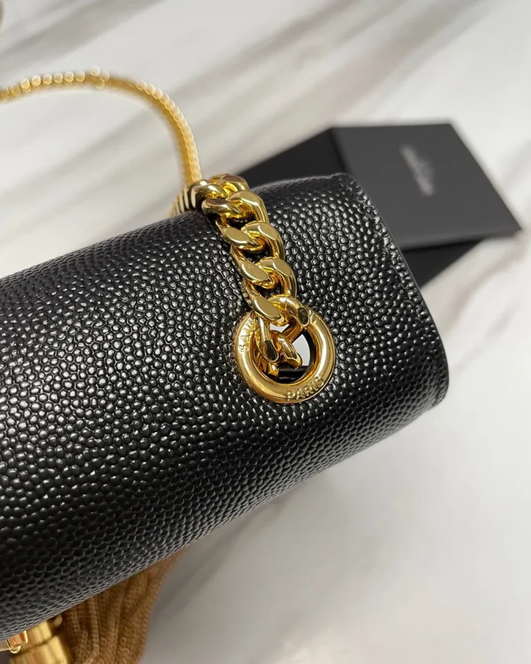 Black Tassel Chain Flap Bag — chain detail view
