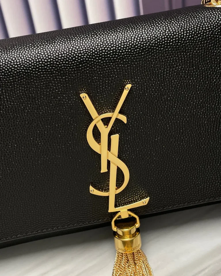 Black Tassel Chain Flap Bag — logo detail view