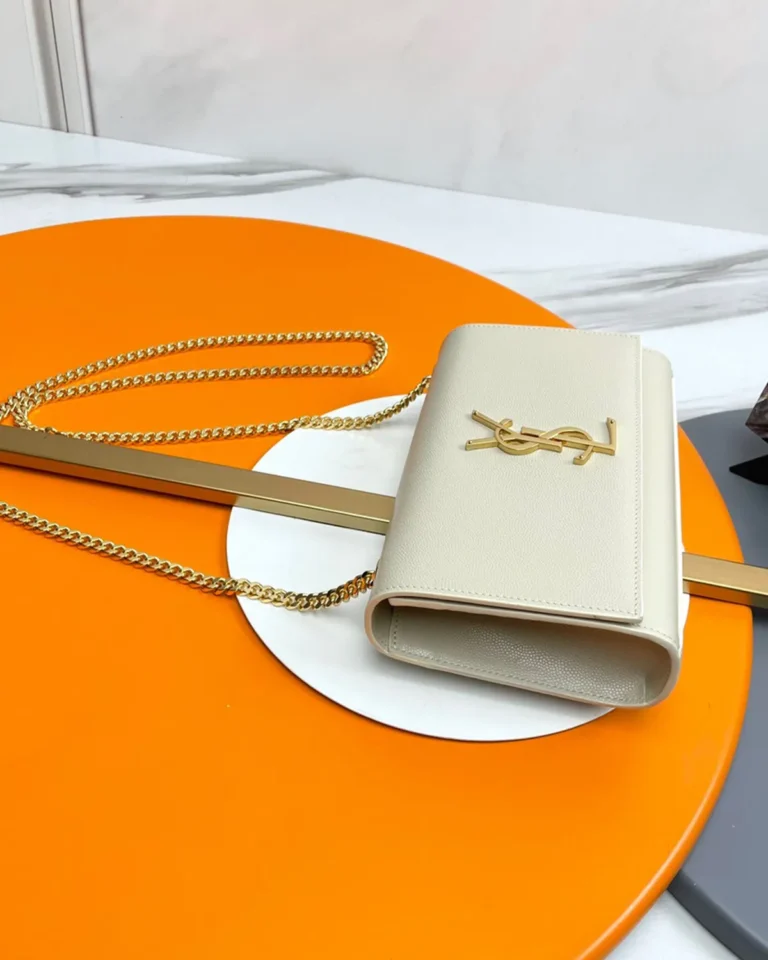 Cream Rectangular Chain Flap Bag — angled front view