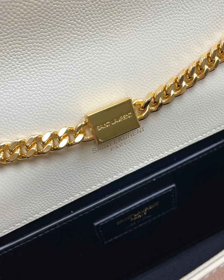 Cream Rectangular Chain Flap Bag — interior detail view