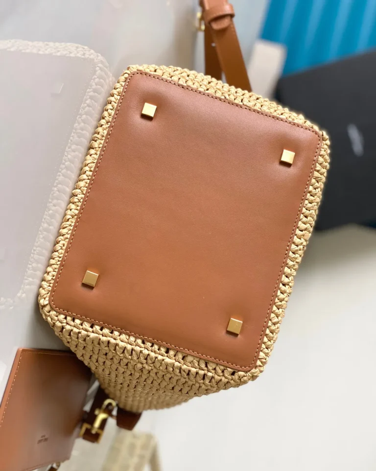 Straw-Tone Woven Bucket Bag with Tan Trim — base view