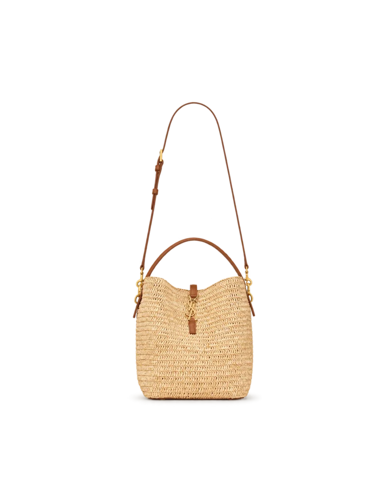 Straw-Tone Woven Bucket Bag with Tan Trim — main view