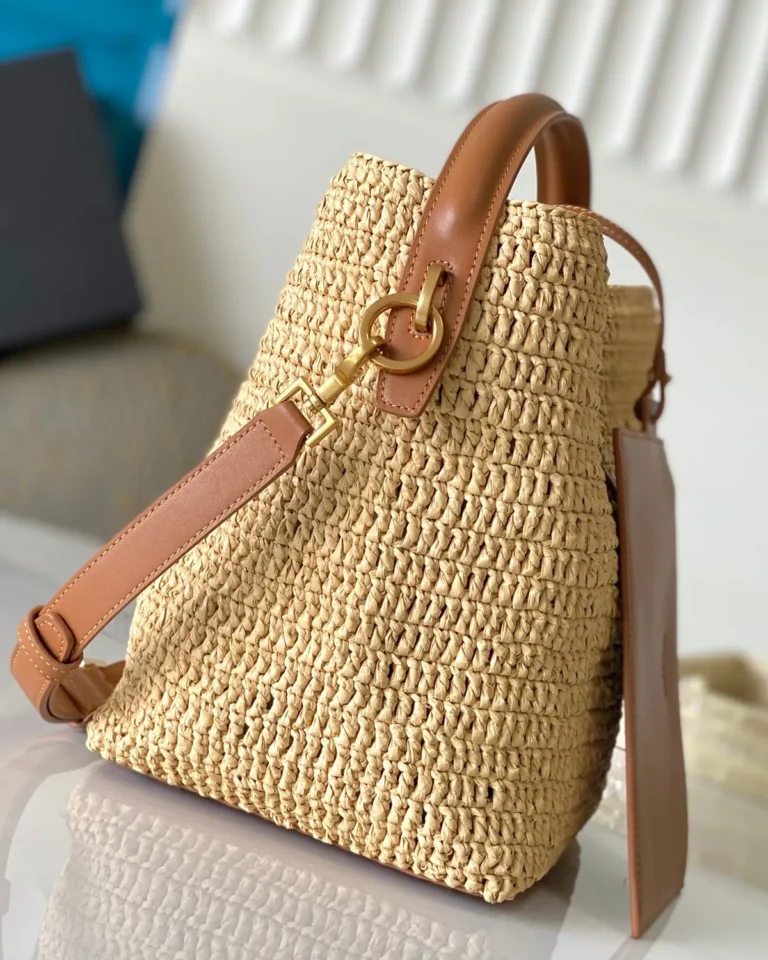 Straw-Tone Woven Bucket Bag with Tan Trim — side view