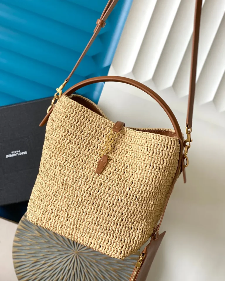 Straw-Tone Woven Bucket Bag with Tan Trim — strap view view