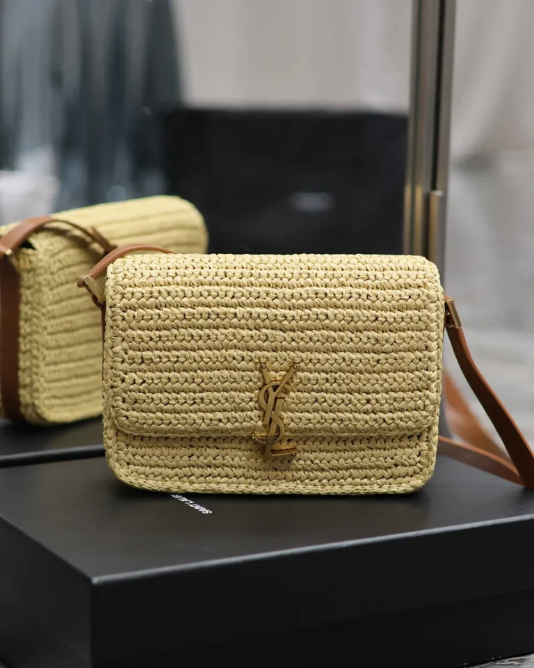 Straw-Tone Woven Flap Bag with Brown Strap — front view