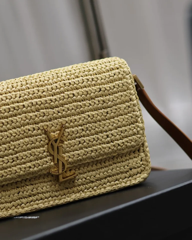 Straw-Tone Woven Flap Bag with Brown Strap — logo detail view