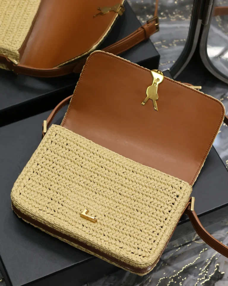 Straw-Tone Woven Flap Bag with Brown Strap — open flap view