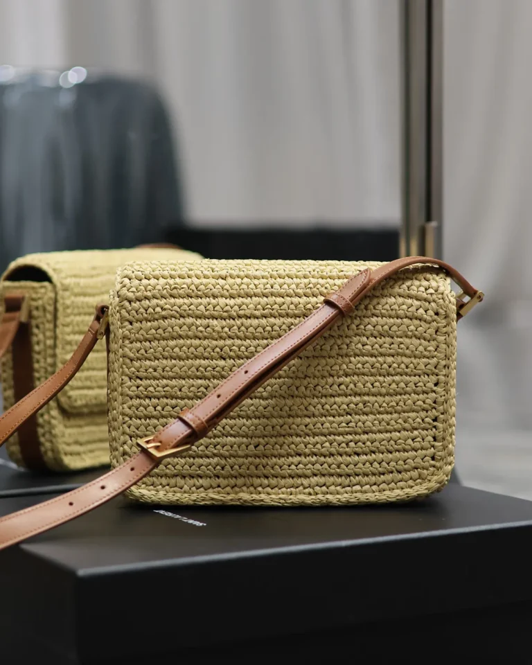 Straw-Tone Woven Flap Bag with Brown Strap — rear view