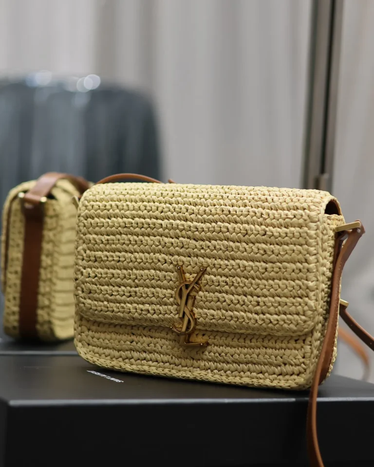 Straw-Tone Woven Flap Bag with Brown Strap — side view